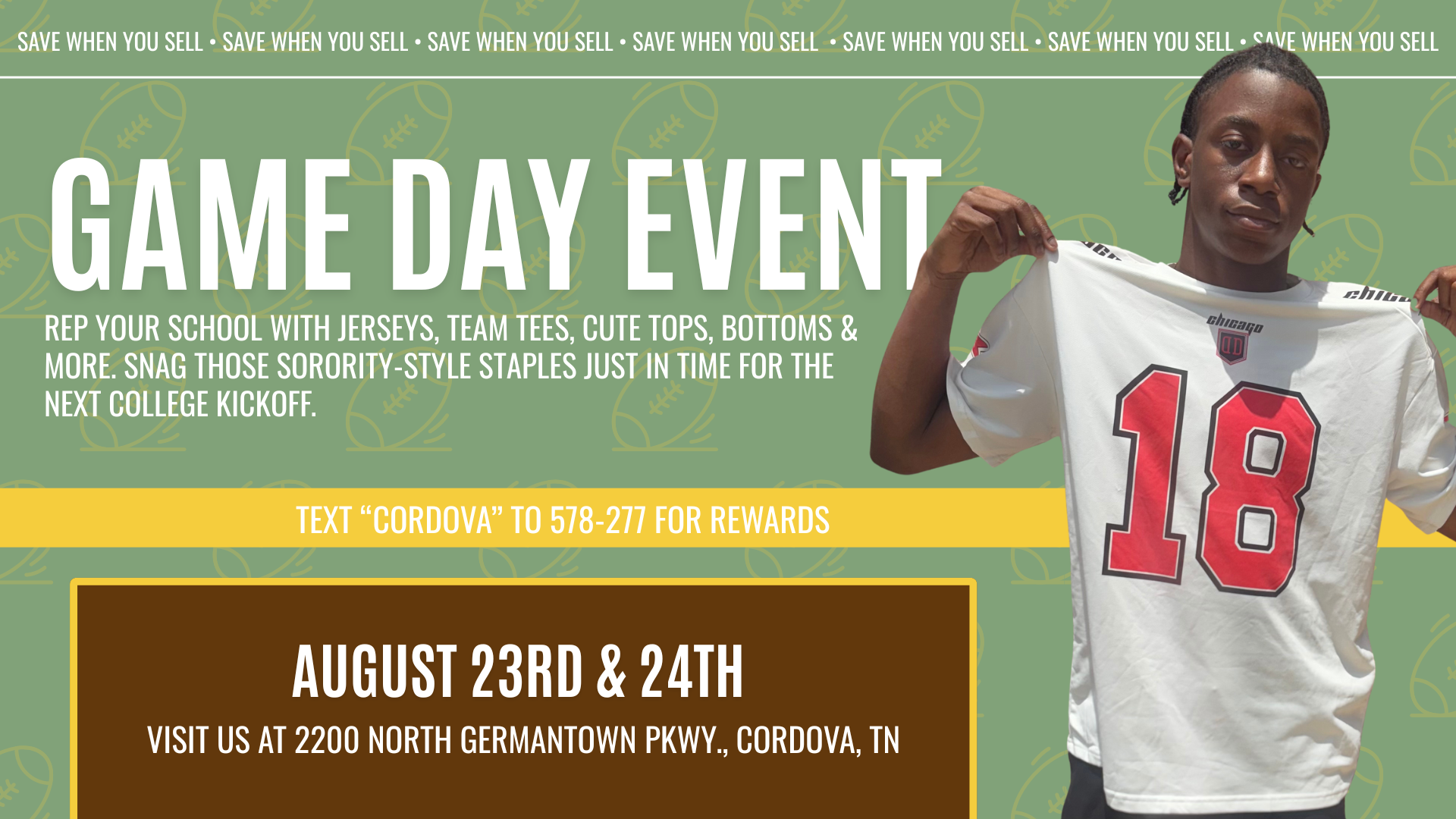 Young adults shopping for game day outfits at Plato’s Closet Cordova, featuring jerseys, varsity tees, denim skirts, and team-colored accessories displayed on racks. In-store signage promotes up to 70% off retail prices for the Game Day Drop event August 23–24.